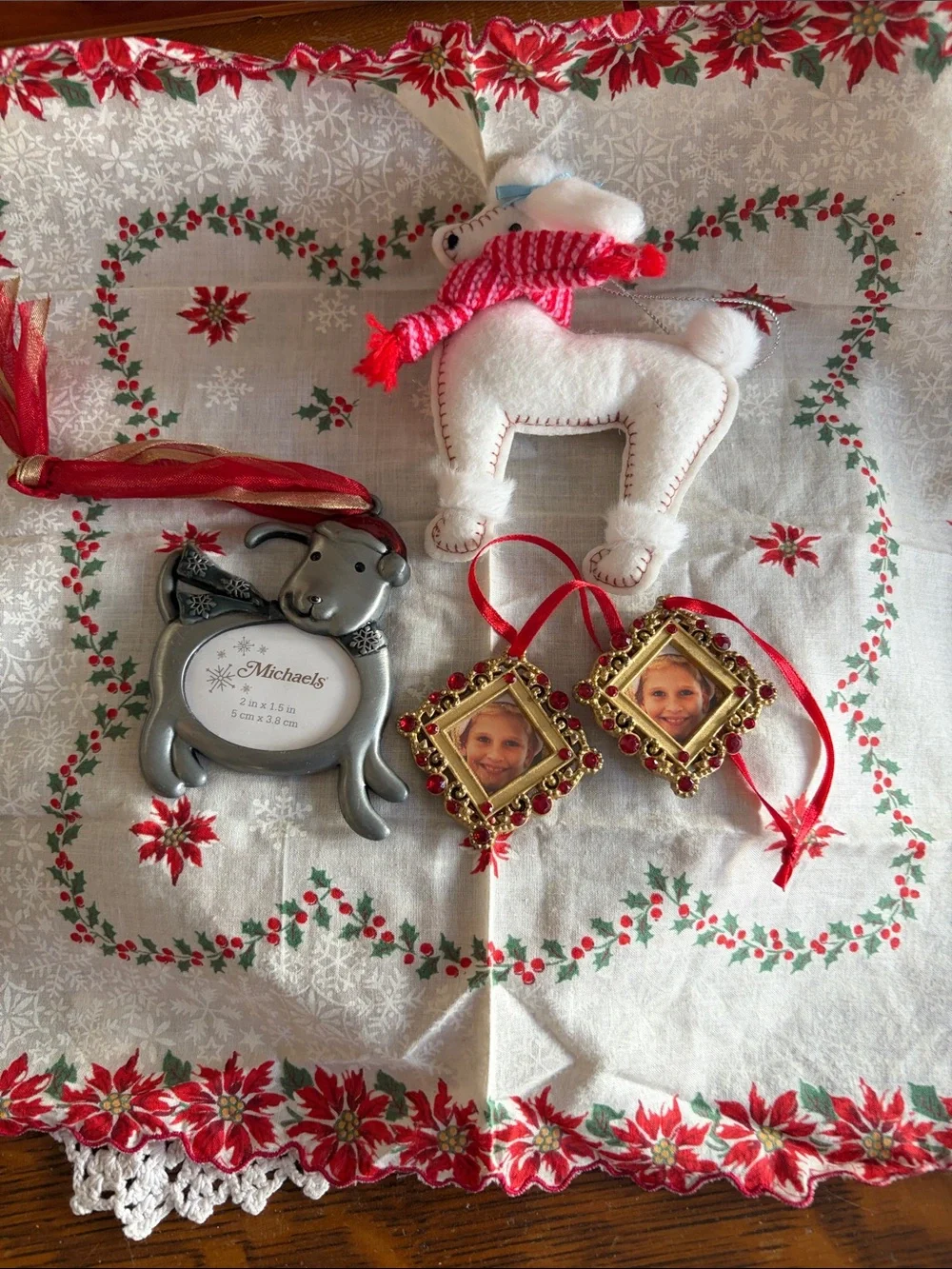 Xmas  Dog Photo Ornament & White Plush poodle - picture frames Xmas hanky vinta